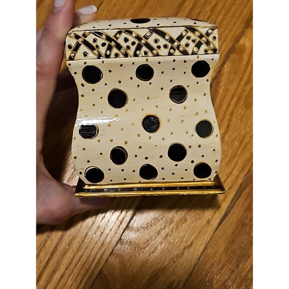 Hand Painted Black, White & Gold Wood 2 Deck Playing Card Holder Canasta Bridge - Picture 5 of 14